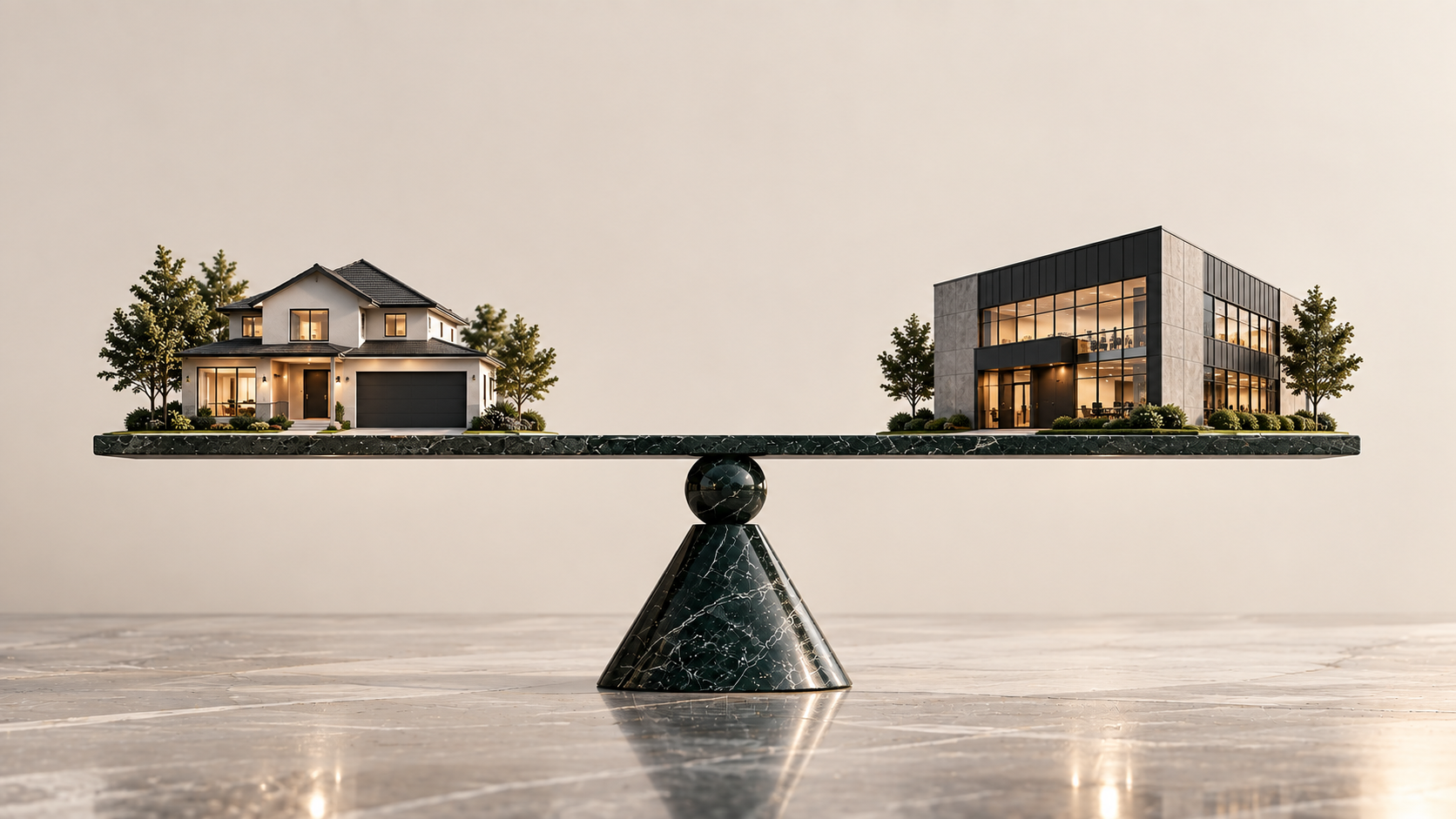 Home and business property balanced on opposite sides of a pendulum, representing a Wood Associates home and business loan health check.